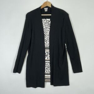 Chico's Black Leopard‎ Chiffon Back Open Front Cardigan Sweater Womens 1 Medium